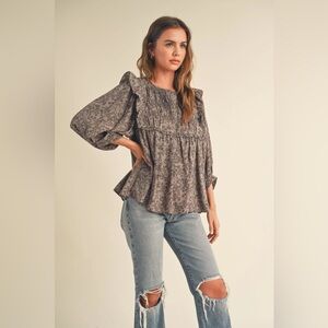 Floral Ruffle Blouse - Brown